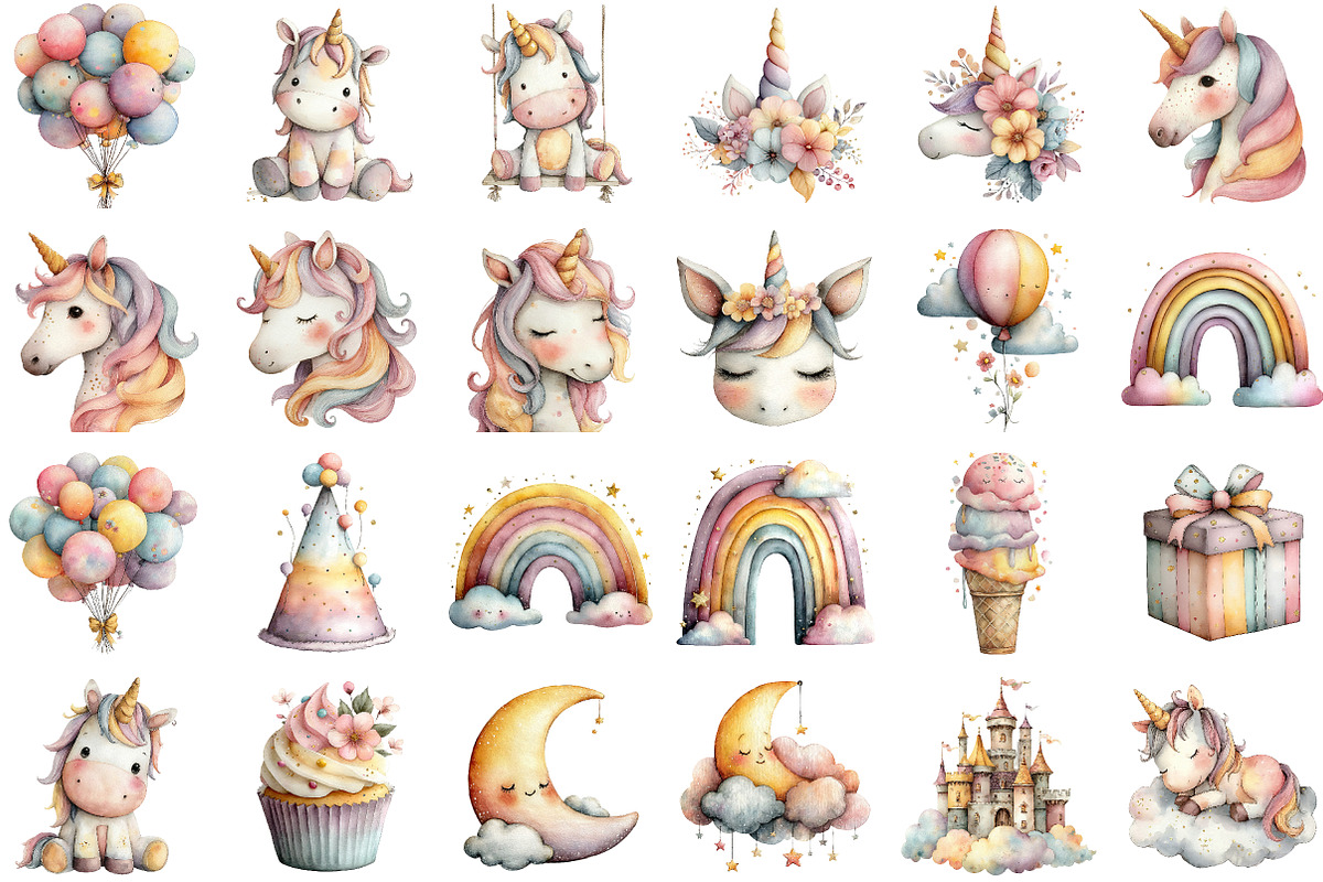 Watercolor Unicorn World Clipart Bun, an Illustration by Sublimation Artist (Photo 2 of 7)