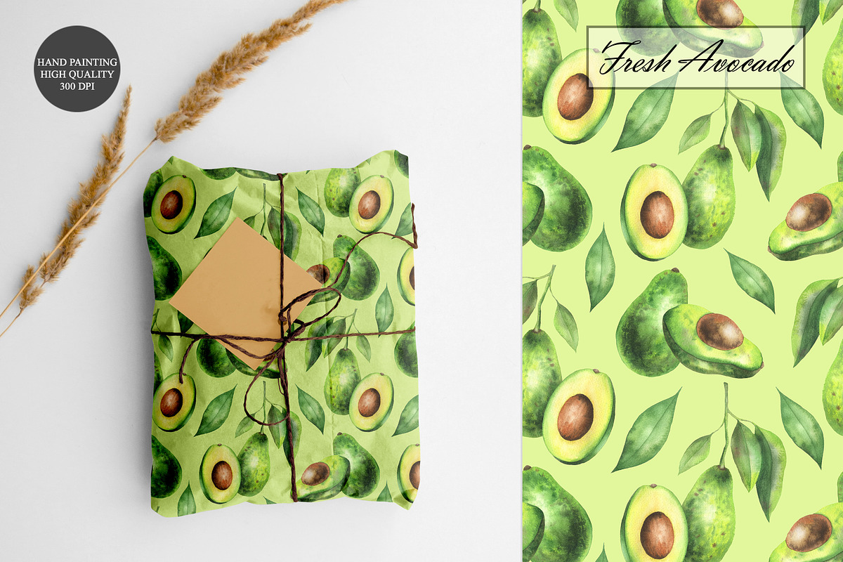 Watercolor Avocado Seamless Patterns, a Food Illustration by OlDm_Shop (Photo 7 of 10)