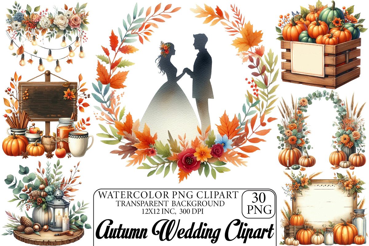 Watercolor Autumn Wedding Clipart, an Illustration by DreamPrint404 (Photo 1 of 6)
