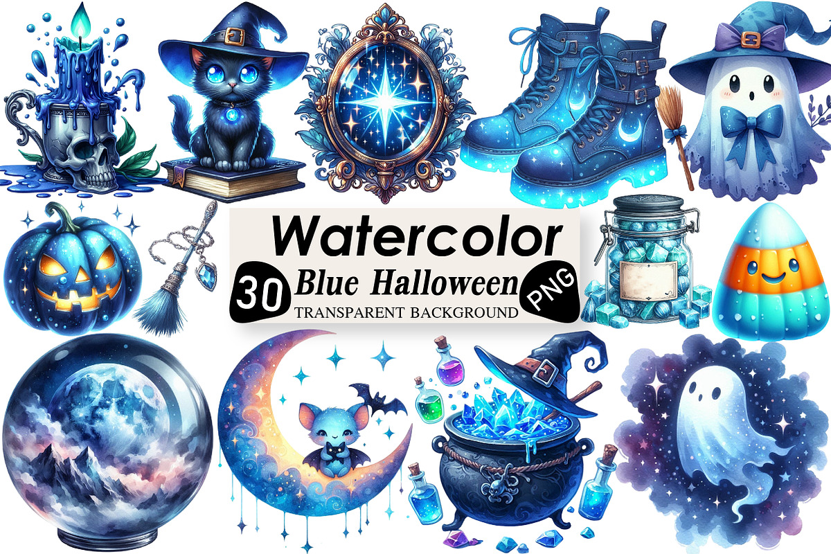 Watercolor Blue Halloween Clipart, an Illustration by Black Bird Studio (Photo 1 of 6)
