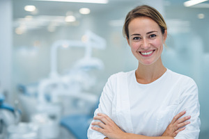 Smiling dentist in a modern clinic, a Photo by Beautiful things