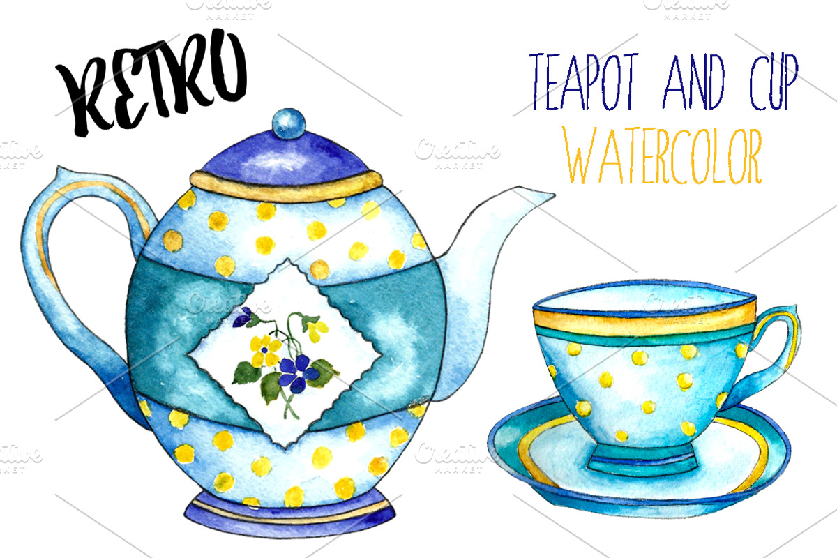 Watercolor teapots and cups, a Food Illustration by Vikeriya (Photo 3 of 6)
