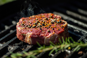 Grilling a seasoned steak with herbs and spices under the midday sun, a Food & Drink Photo by AlyaAnd