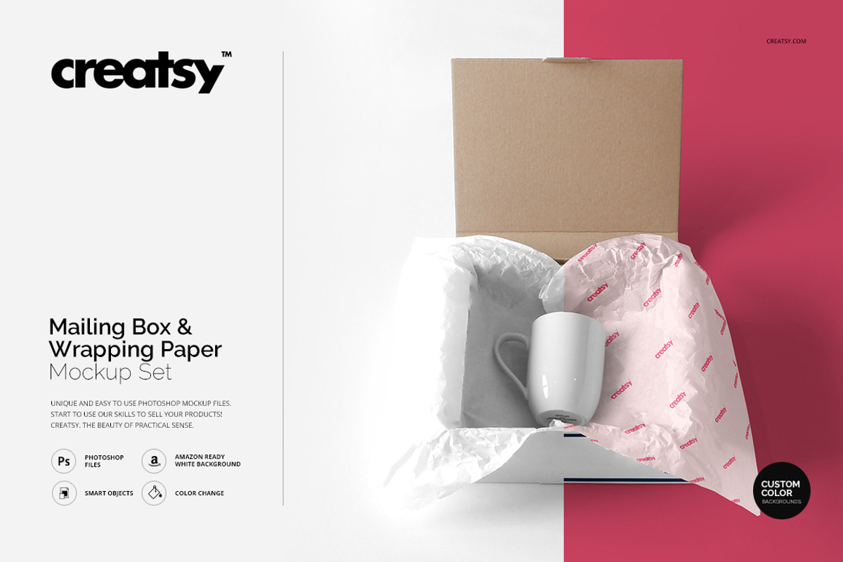 Mailing Box & Wrapping Paper Mockup, a Packaging Mockup by Creatsy (Photo 1 of 9)