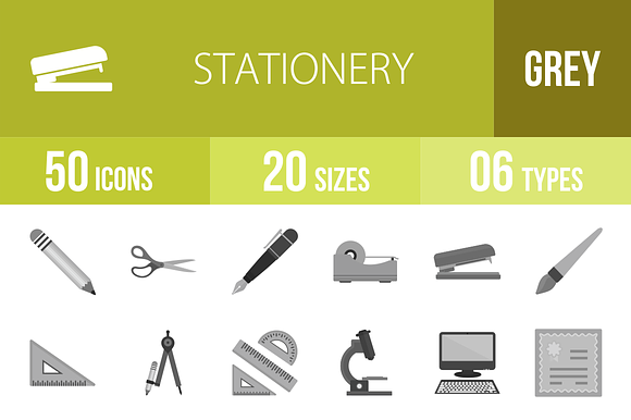 50 Stationery Greyscale Icons preview 4