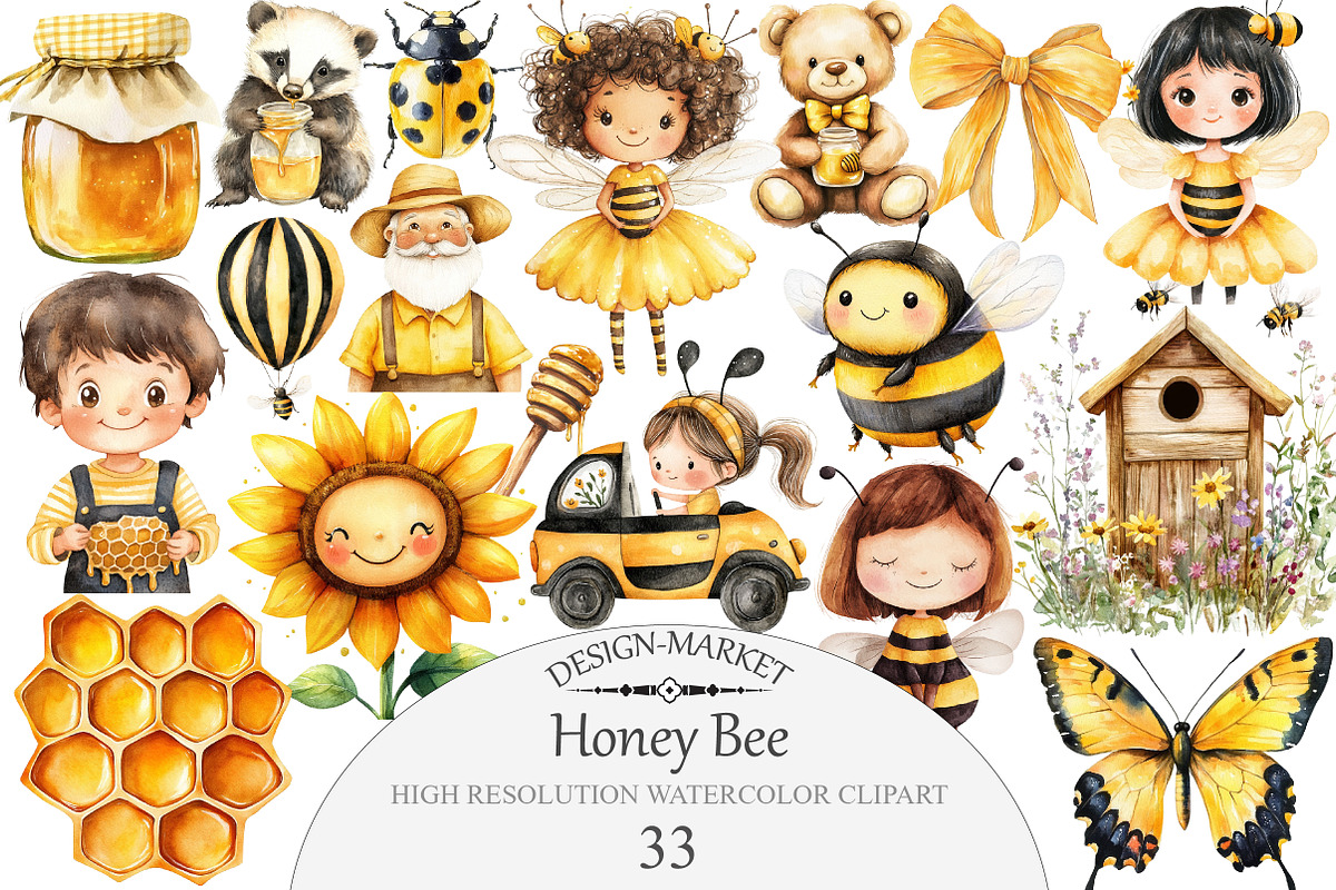 Honey Bee Watercolor Clipart, an Illustration by Design Market (Photo 1 of 4)