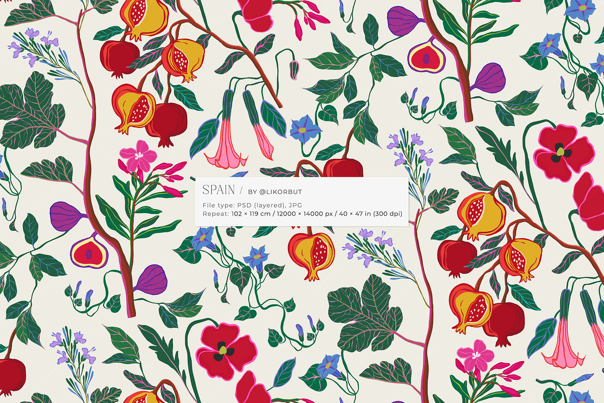 Spanish Botanical Floral Pattern, a Pattern Graphic by likorbut (Photo 2 of 12)