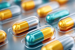 Macro view of multiple two-tone capsules arranged on reflective surface, a Health & Medical Photo by AlyaAnd