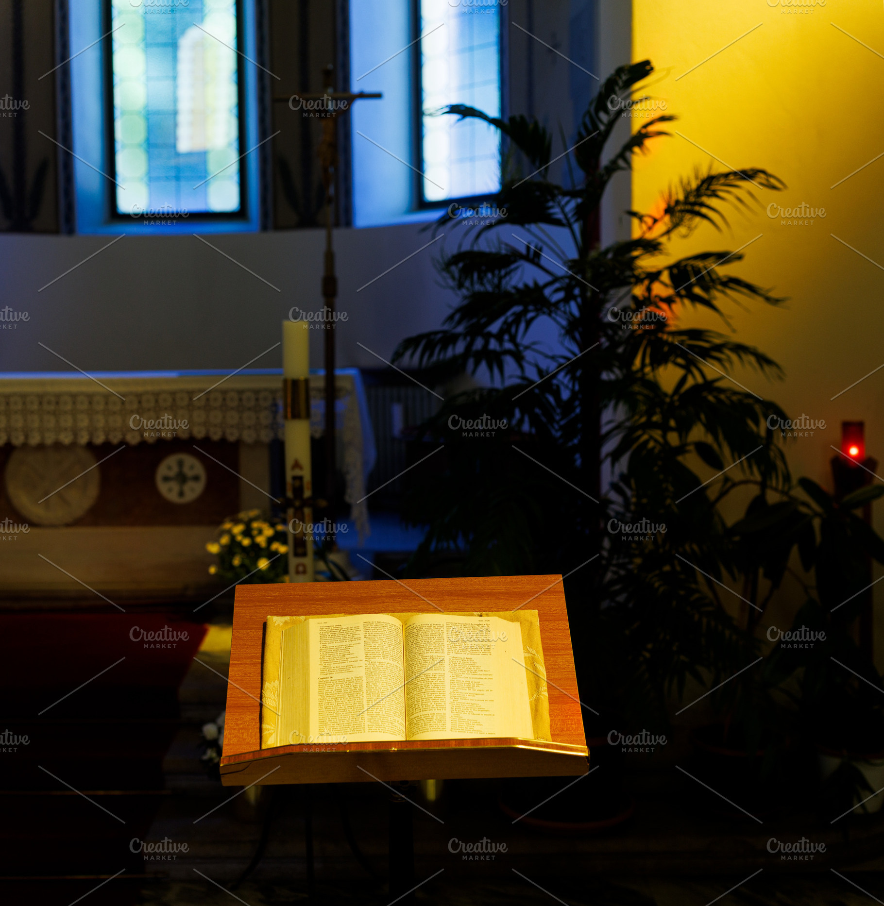 Open Bible placed on the church lectern, Church of the Good Shepherd, Trieste, a Food & Drink Photo by Bepslabor