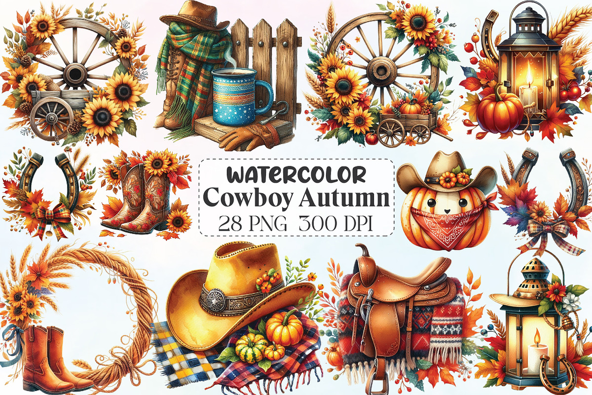 Watercolor Cowboy Autumn Clipart, an Illustration by CraftArtStudio (Photo 1 of 6)