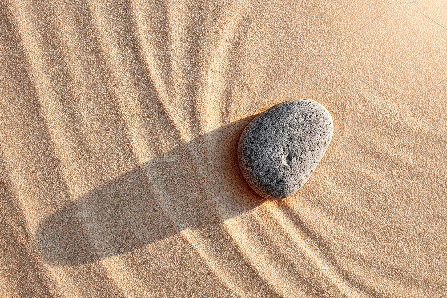 Unique smooth gray stone resting on soft sandy surface with gentle sunlight ill, a Photo by AlyaAnd