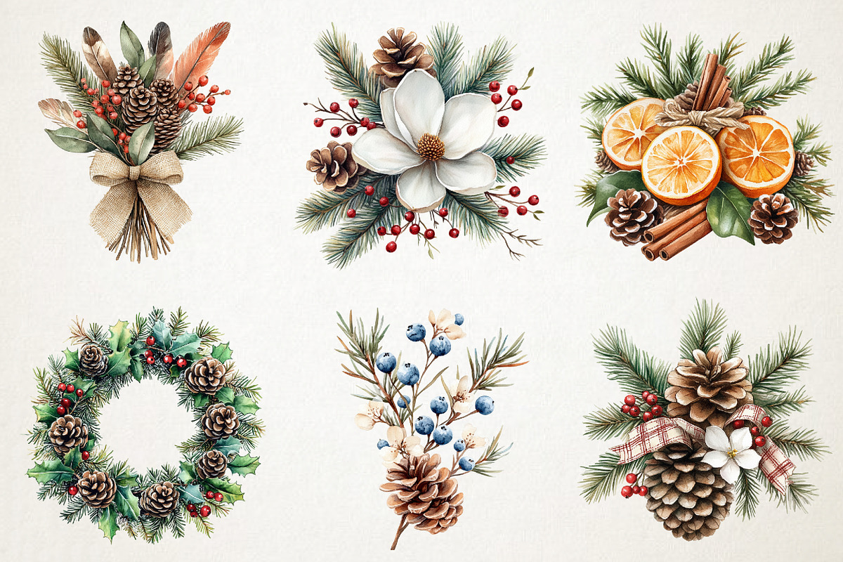 Festive Florals & Pinecones Clipart, an Illustration by RobertsArt (Photo 6 of 6)