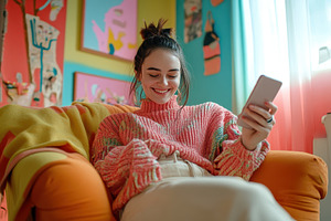 Cheerful young woman relaxes, a Photo by Pavel_design