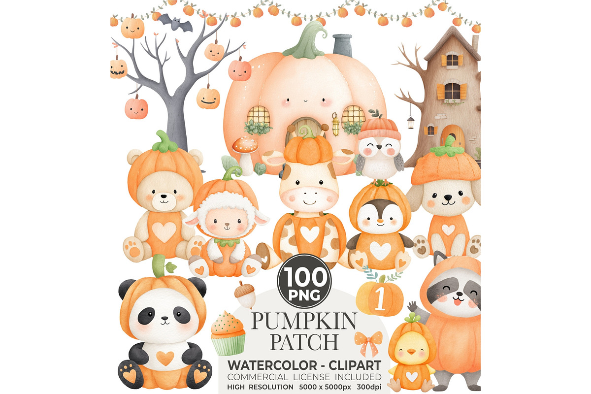 Watercolor Pumpkin Patch Animal, an Animal Illustration by CharmClipart (Photo 1 of 10)