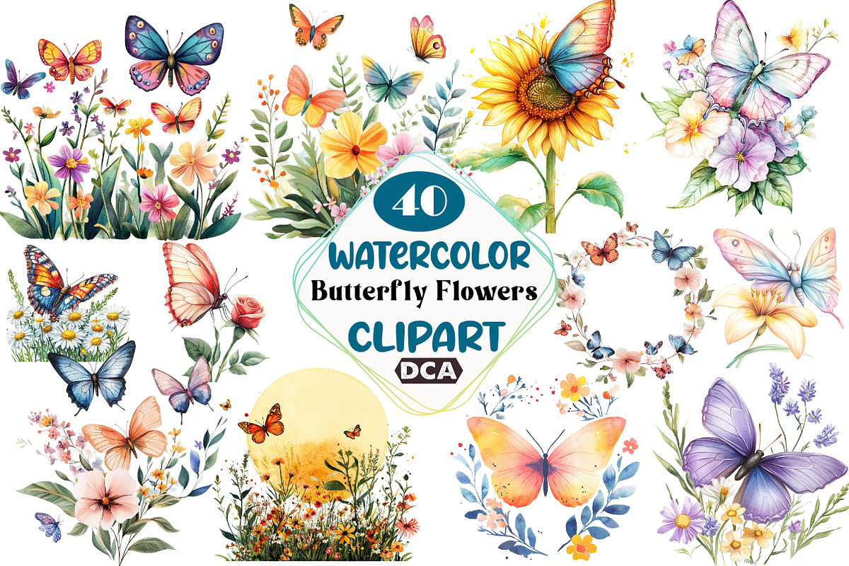 Butterfly Flowers Sublimation Clipar, an Illustration by DreamCafeArt (Photo 1 of 6)