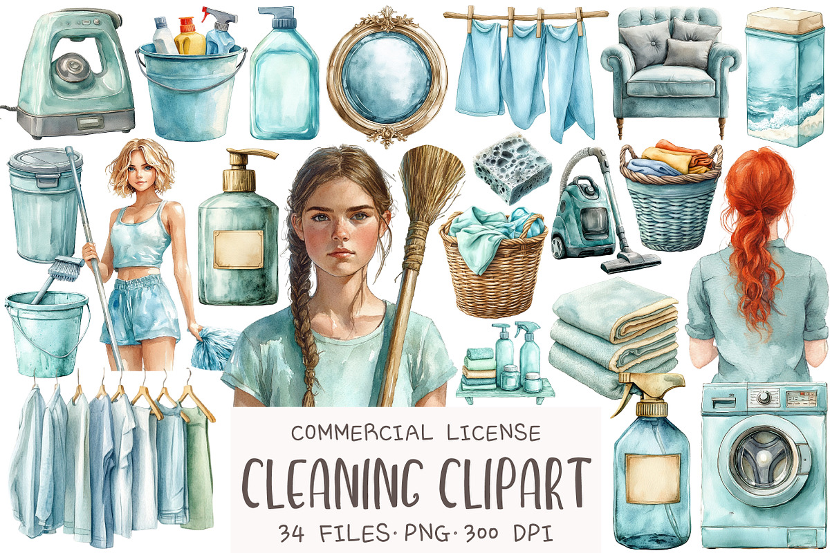 Watercolor Cleaning Clipart, an Illustration by OK Design (Photo 1 of 5)