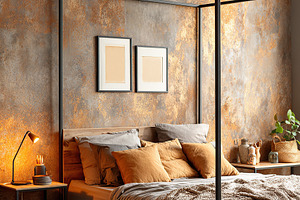Cozy urban apartment interior featuring a stylish bed in warm tones, a Photo by AlyaAnd