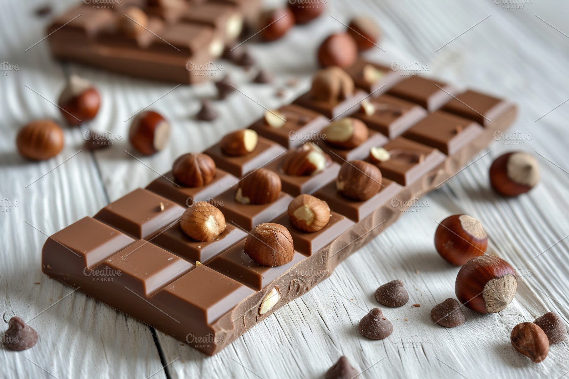 Sweet chocolate bar with hazelnuts on wooden background, a Food & Drink Photo by AlyaAnd