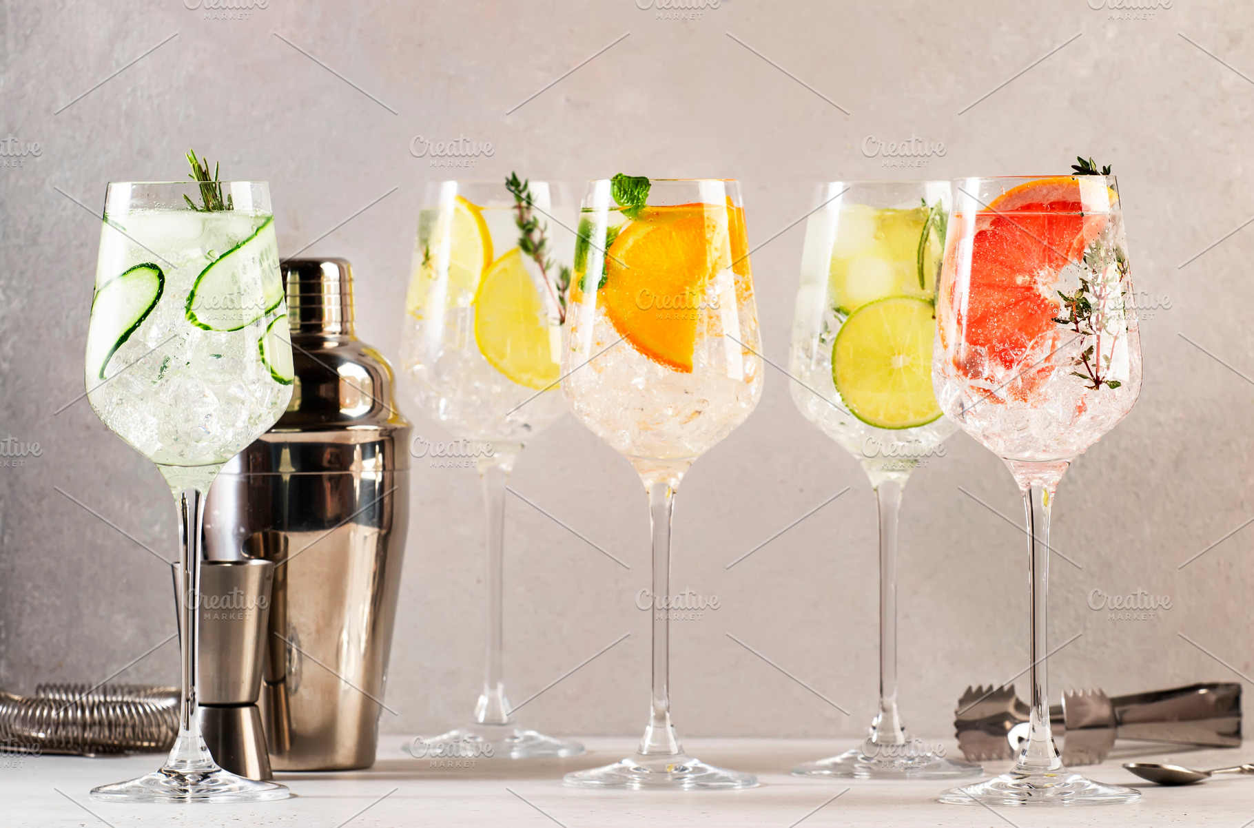 Gin and tonic cocktails set. Trendy Alcoholic drinks with lime,, a Food & Drink Photo by 5PH