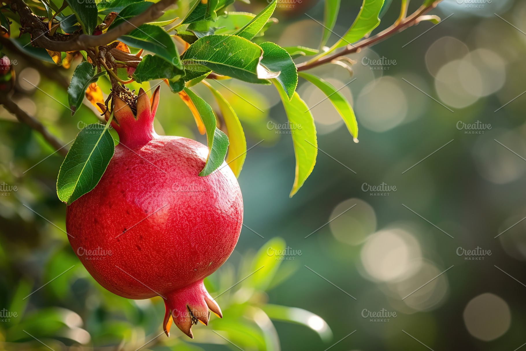 Ripe pomegranate fruit on tree branch in the garden, a Food & Drink Photo by AlyaAnd
