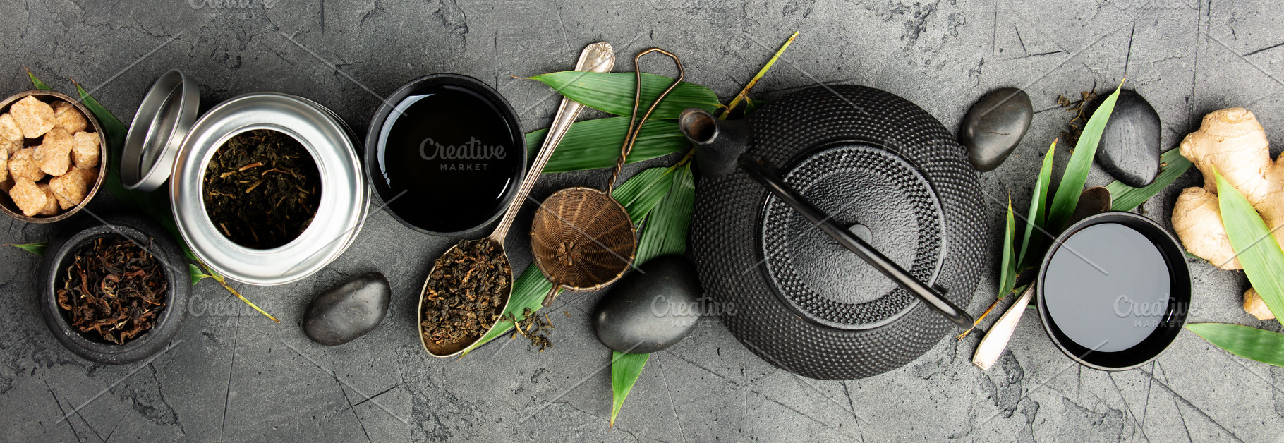 Asian Tea Ceremony Banner with Natural Ingredients on Dark Stone, a Food & Drink Photo by Natalia Klenova's Shop