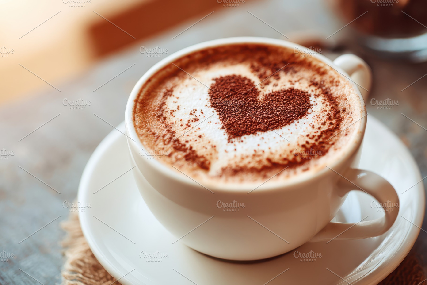 Latte with heart-shaped foam art in a cozy cafe, a Food & Drink Photo by AlyaAnd