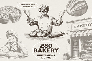 280 Vintage Bakery Illustrations, a Food Illustration by Nocturnal Wolf
