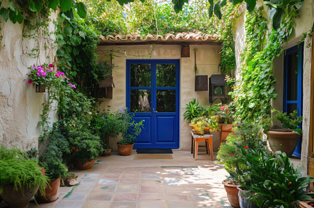 A charming Mediterranean courtyard with a vibrant blue door surrounded by lush, an Architecture Photo by Textures & Backgrounds