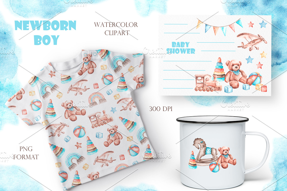 Baby boy watercolor set. Birthday., an Illustration by SabinaWatercolorArt (Photo 10 of 15)