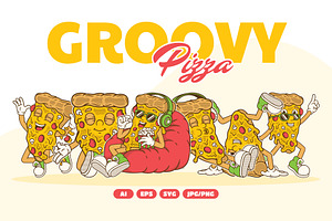 Groovy Pizza Retro Illustration