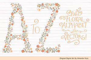 Peach Floral Alphabet Vectors & PNGs, an Illustration by Amanda Ilkov