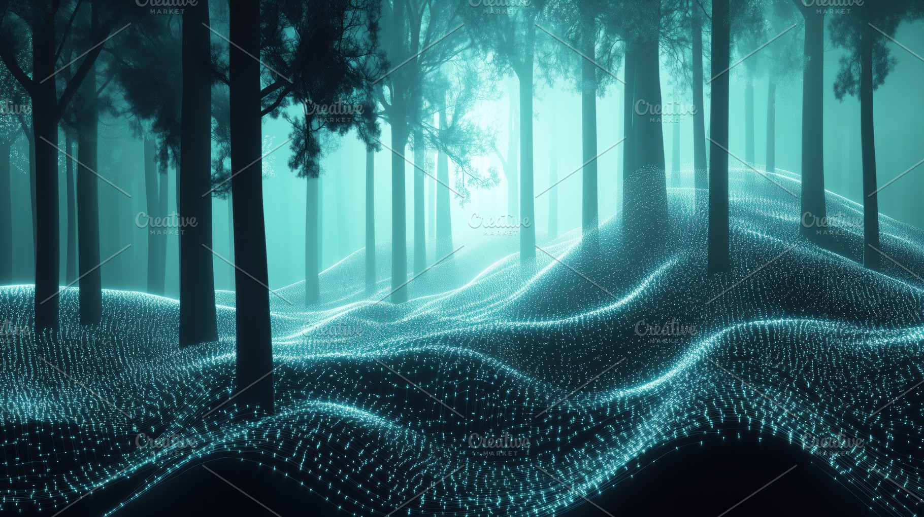 A surreal forest scene with glowing blue lights illuminating the ground, surrou, a Photo by Textures & Backgrounds