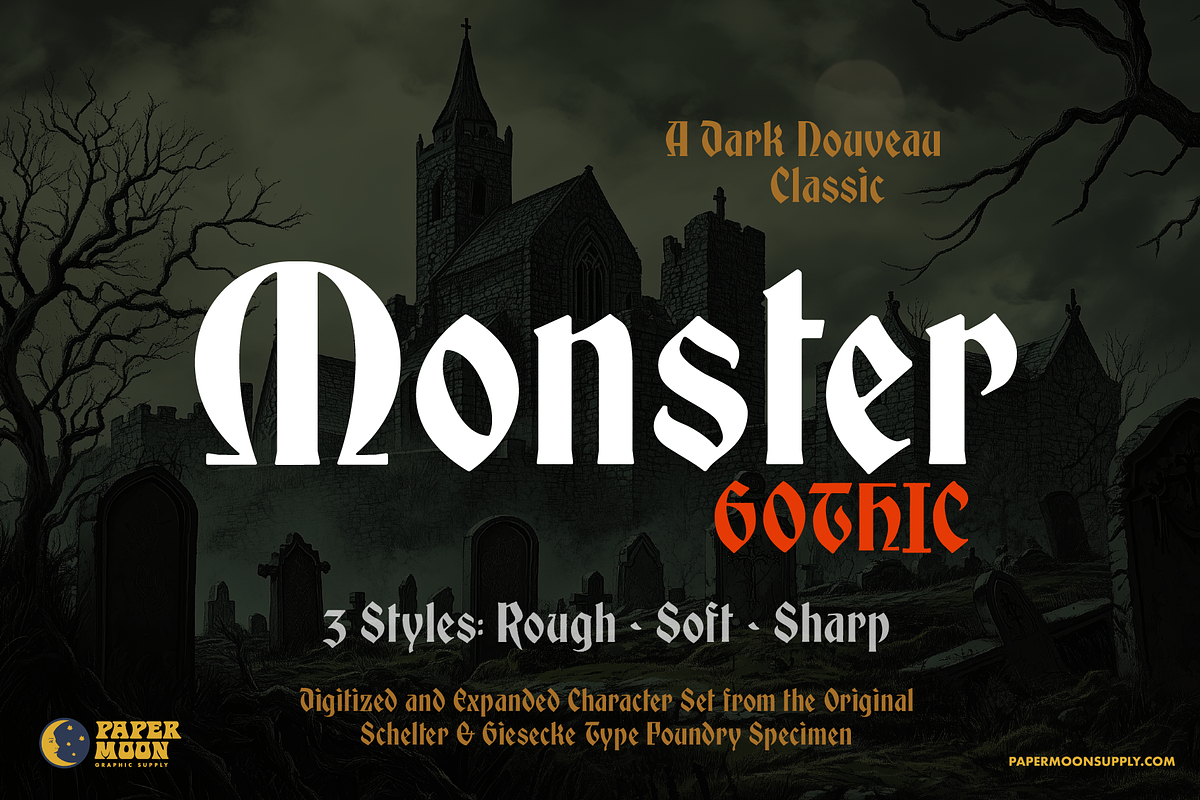 PM Monster Gothic, a Blackletter Font by Paper Moon Graphic Supply (Photo 1 of 13)