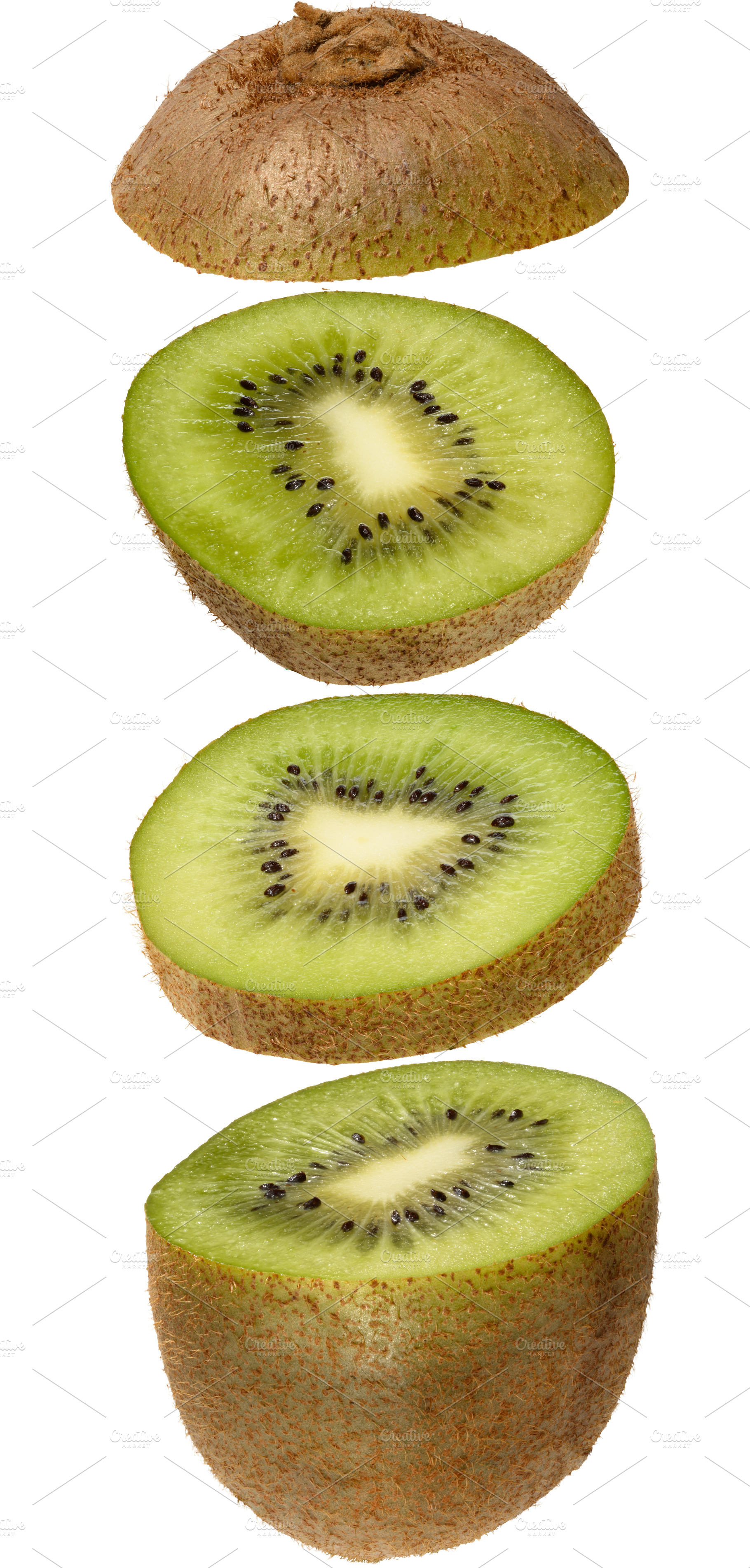 Ripe kiwi fruit cut into pieces on isolated background, a Food & Drink Photo by ndanko