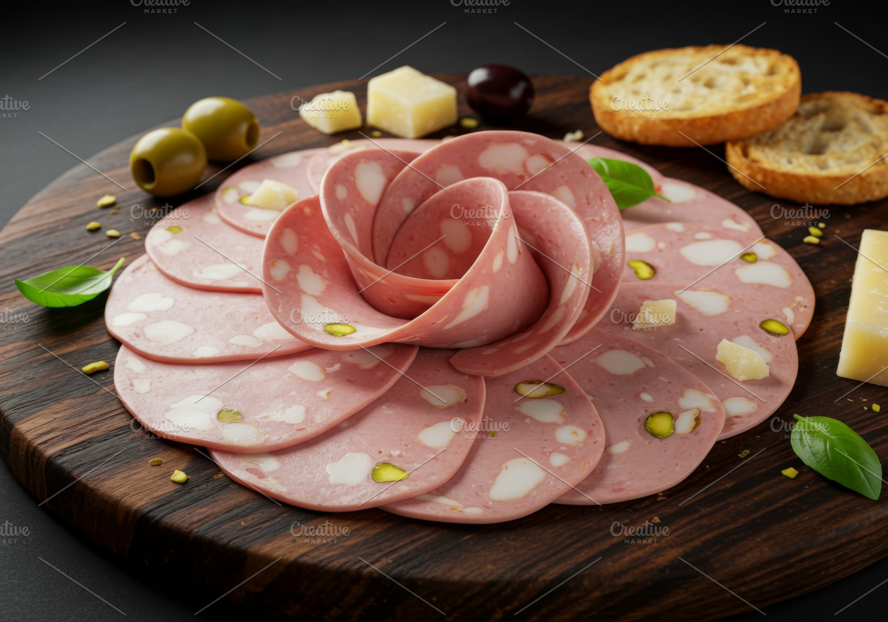 Sliced mortadella with pistachios ar, a Food & Drink Photo by professorinc