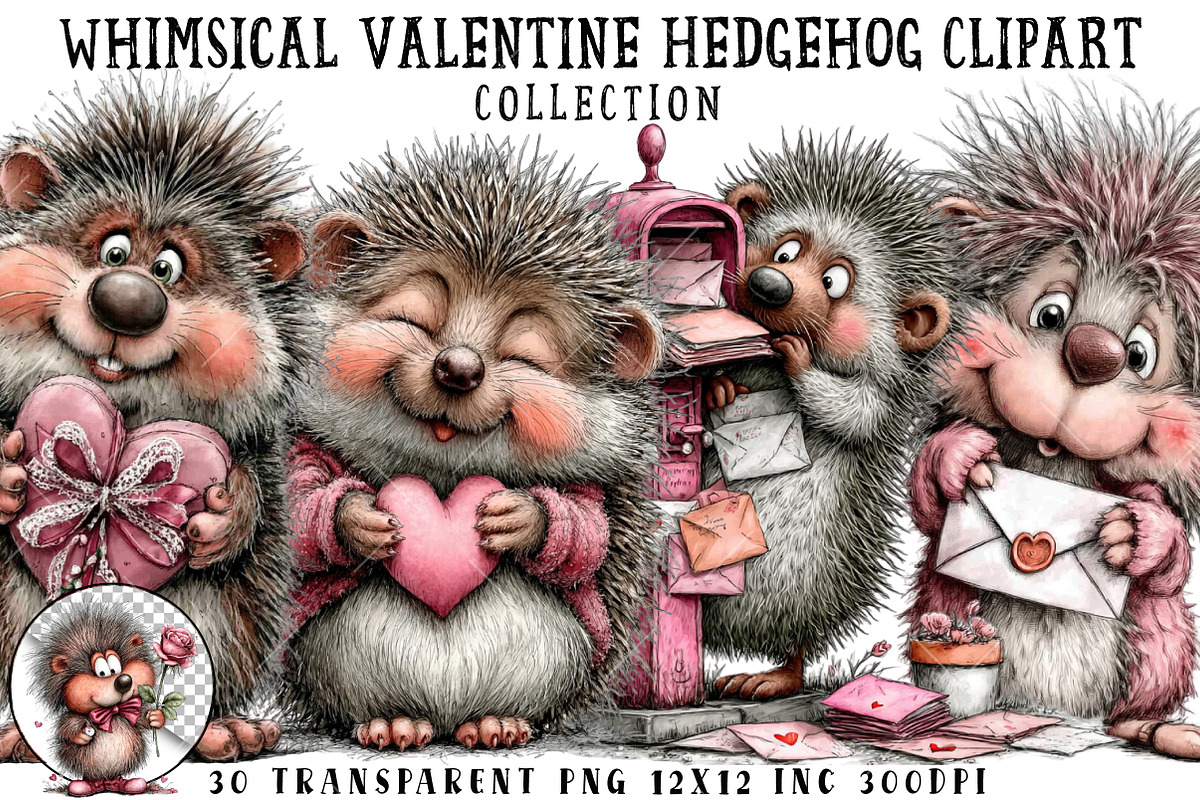 Whimsical Valentine Hedgehog Clipart, an Illustration by OK Design (Photo 1 of 6)