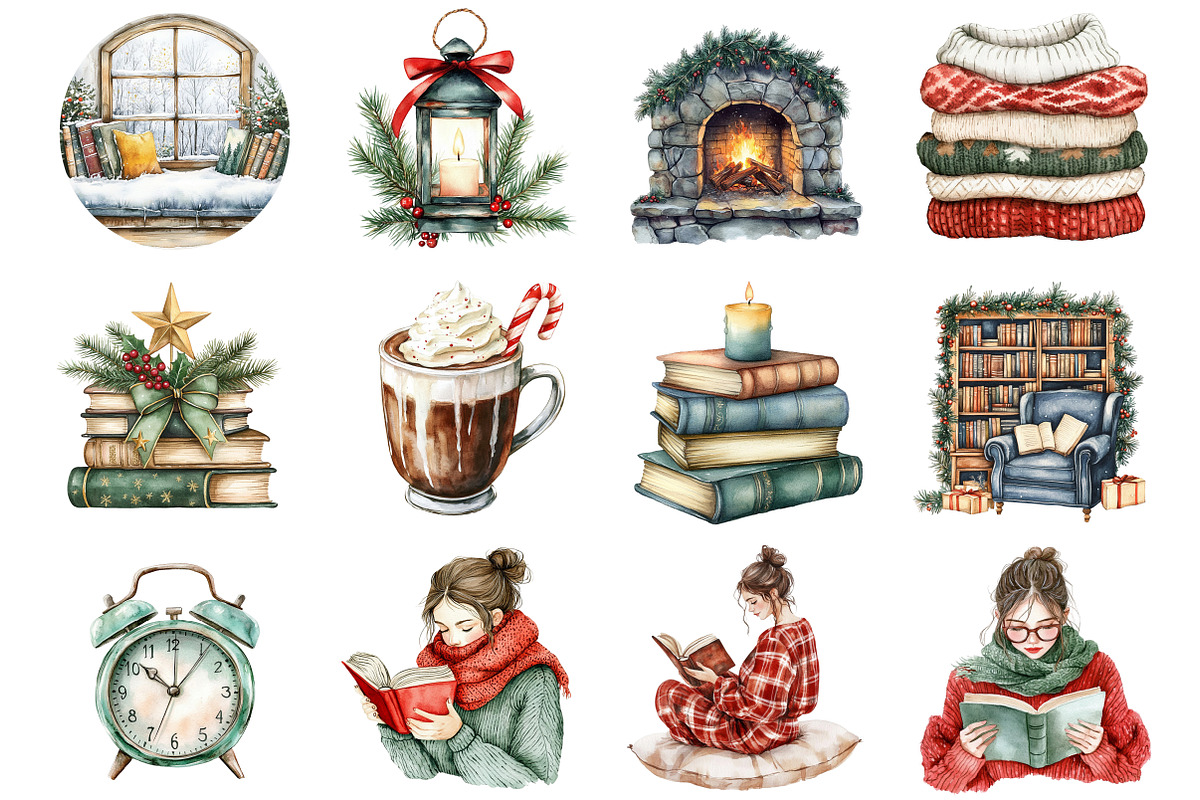 Cozy Christmas Reading Clipart, a Seasonal Illustration by CitraGraphics (Photo 3 of 6)