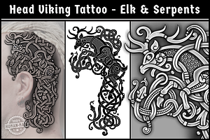 Viking Head Tattoo - Elk & Serpents