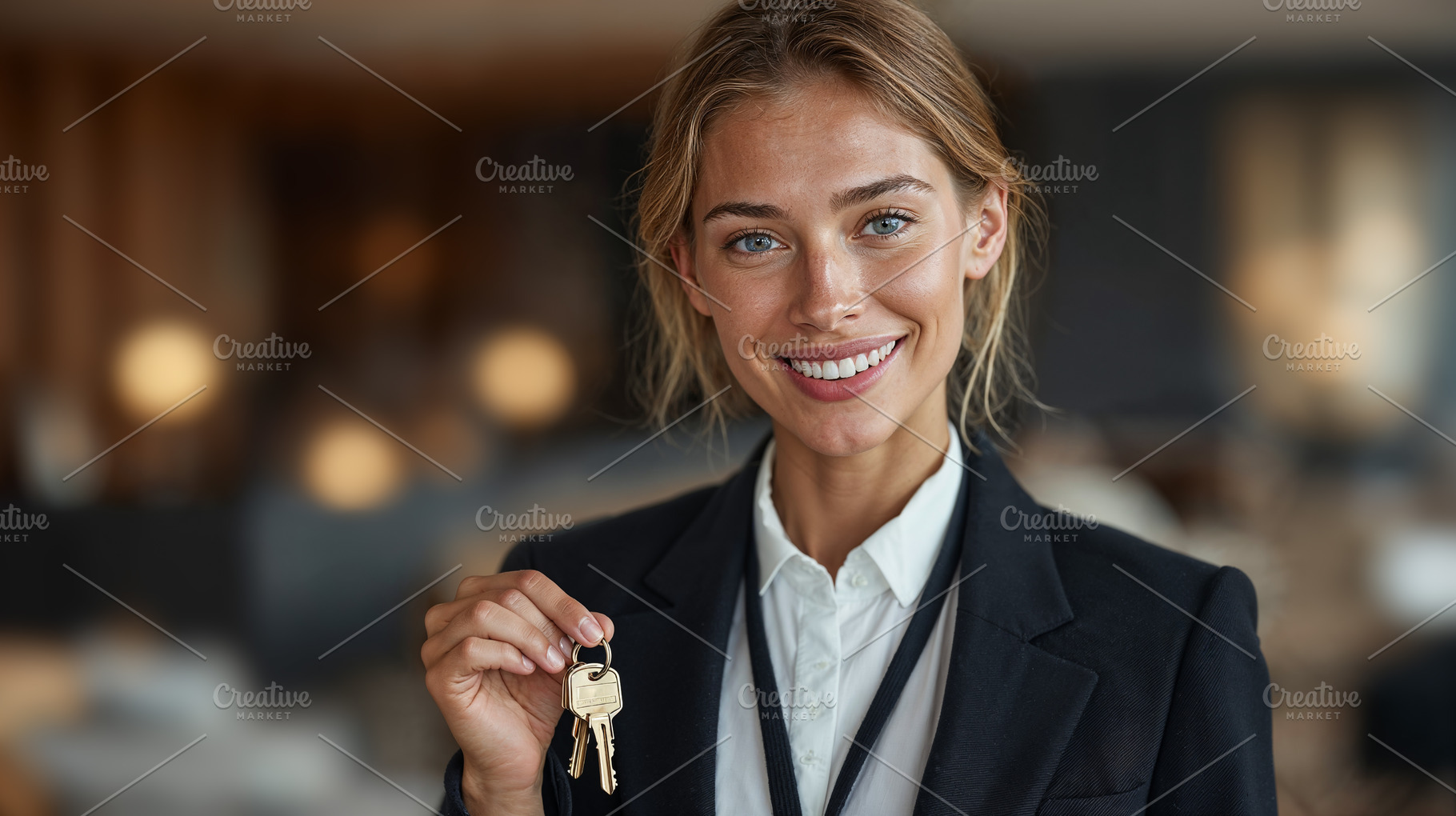Friendly hotel receptionist holding keys with a welcoming smile, a Holiday Photo by OSORIOartist