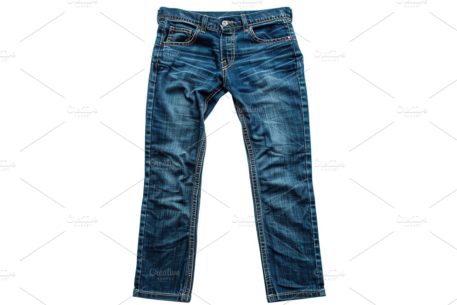 Blue stylish jeans trousers on white background, a Beauty & Fashion Photo by AlyaAnd