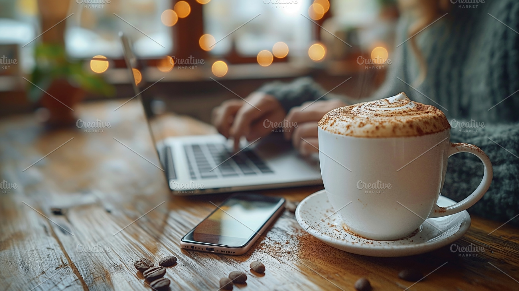 A woman enjoys a cozy coffee moment while working on her laptop, surrounded by, a Person Photo by ImageMir