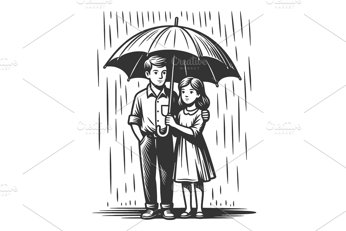 Couple Standing Under Umbrella in, a Person Illustration by AlexArt