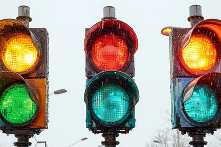 Collage of Traffic Lights Showing Red, Yellow, and Green Signals on a Rainy Day, a Photo by AS photostudio
