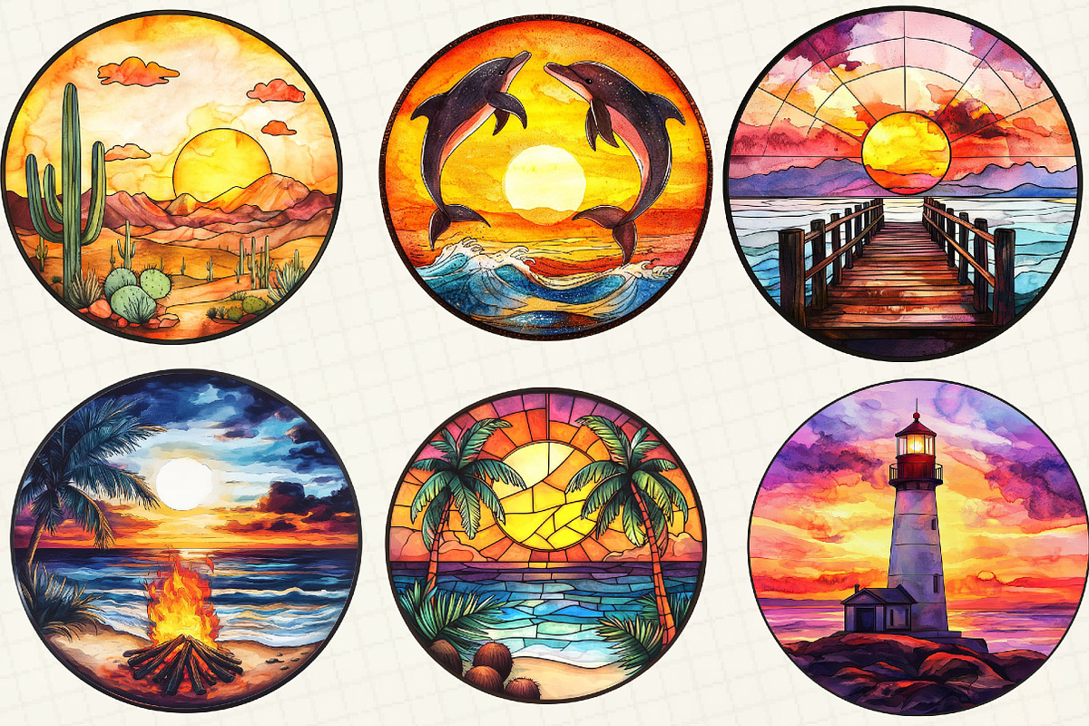 Stained Glass Summer Sunset Clipart, an Illustration by OK Design (Photo 5 of 5)