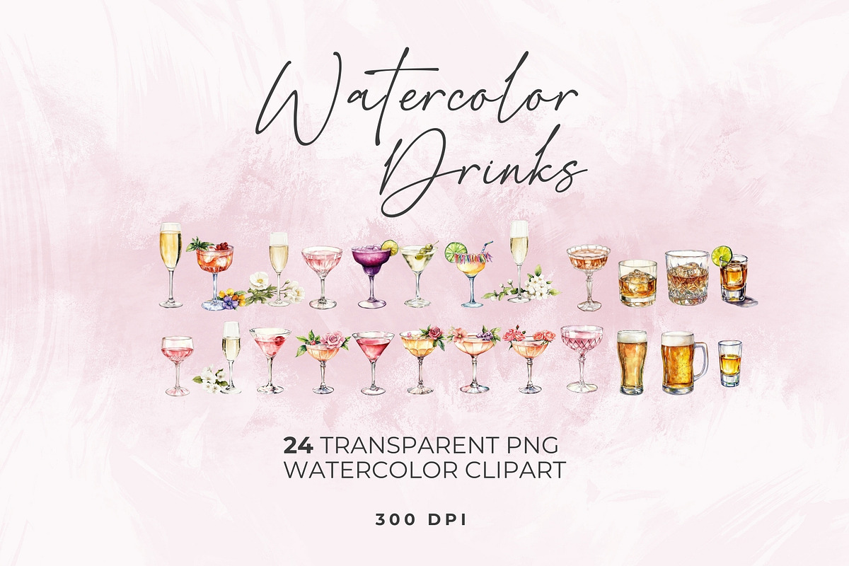 Cocktail & Drinks Watercolor Clipart, a Decorative Illustration by Honey Island Studio (Photo 2 of 4)