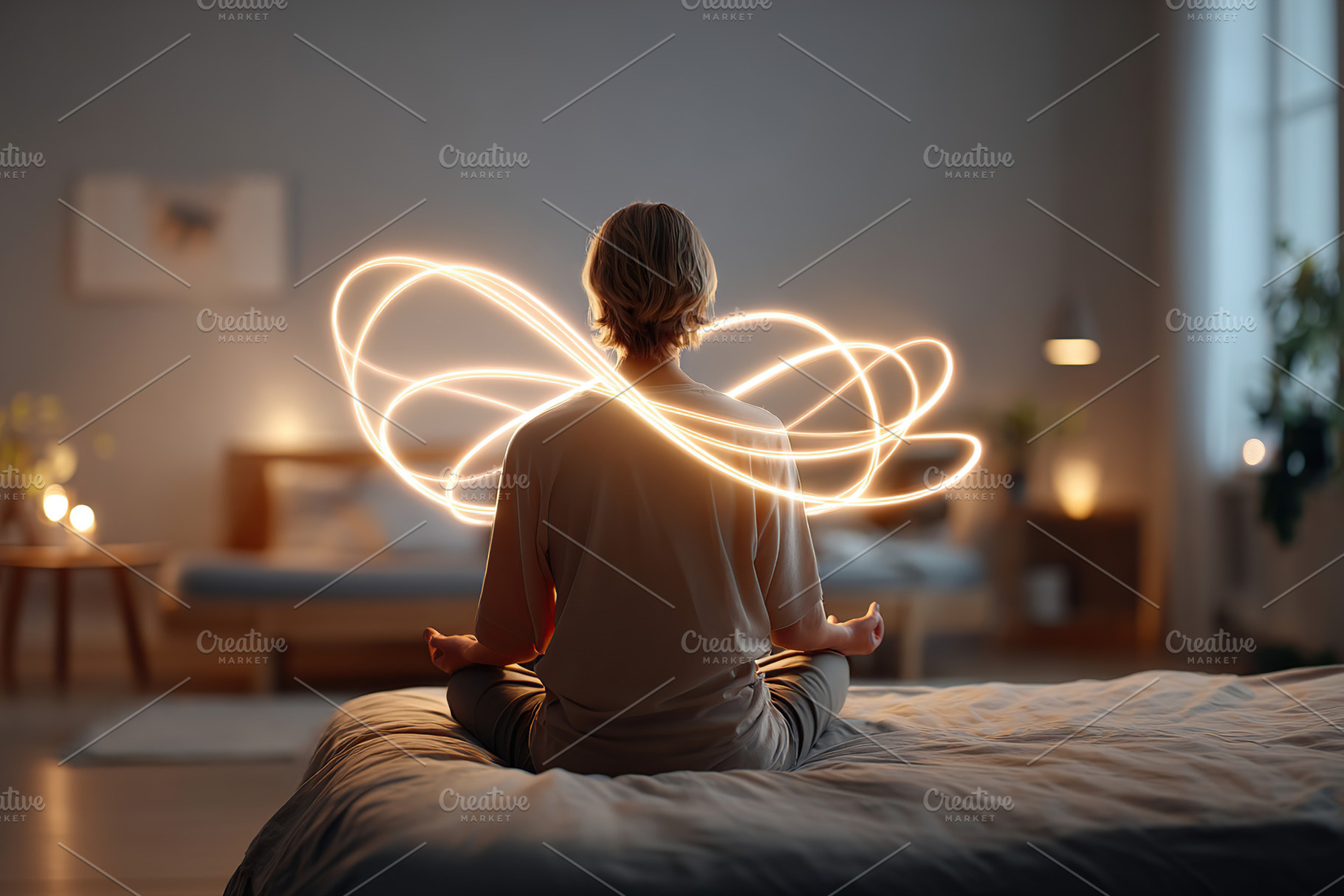 Meditation in a softly lit bedroom with a calming atmosphere and gentle light t, a Photo by AlyaAnd