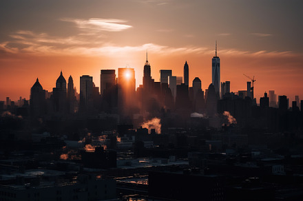 view of a city skyline at sunset, an Architecture Photo by Virgo Studio