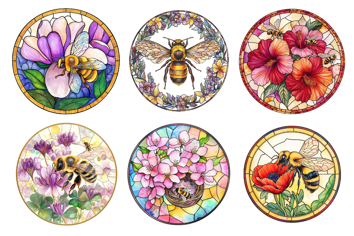 Round Stained Glass Bee Flower Png, an Illustration by cherrydesign (Photo 3 of 3)