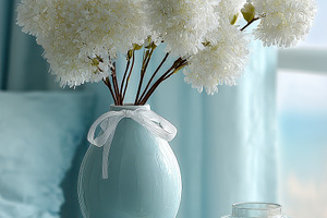 White flowers in a blue vase on a ta, a Photo by Pixeness Studio