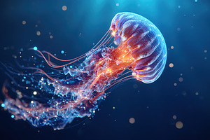 A vibrant jellyfish moves elegantly through the dark sea, leaving a trail of lu, a Photo by AlyaAnd
